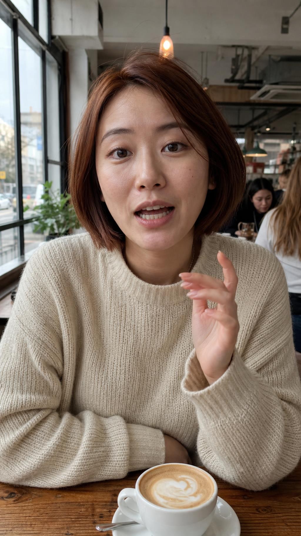 Chloe filming in a café